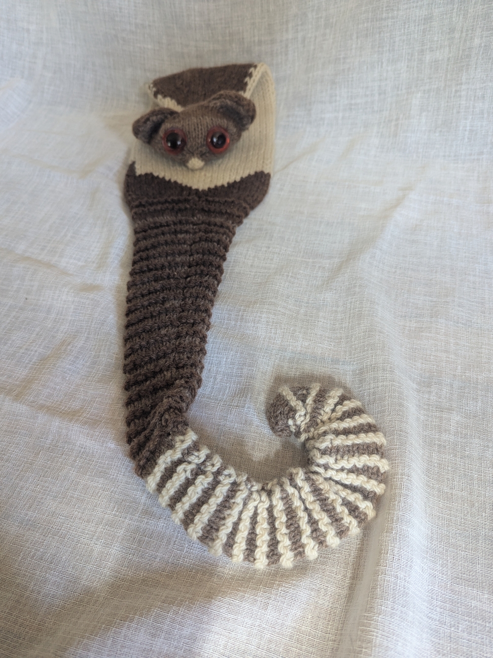 New Whimsical SLOTH Hand Knit Scarf in Brown and Cream - Picture 2 of 7
